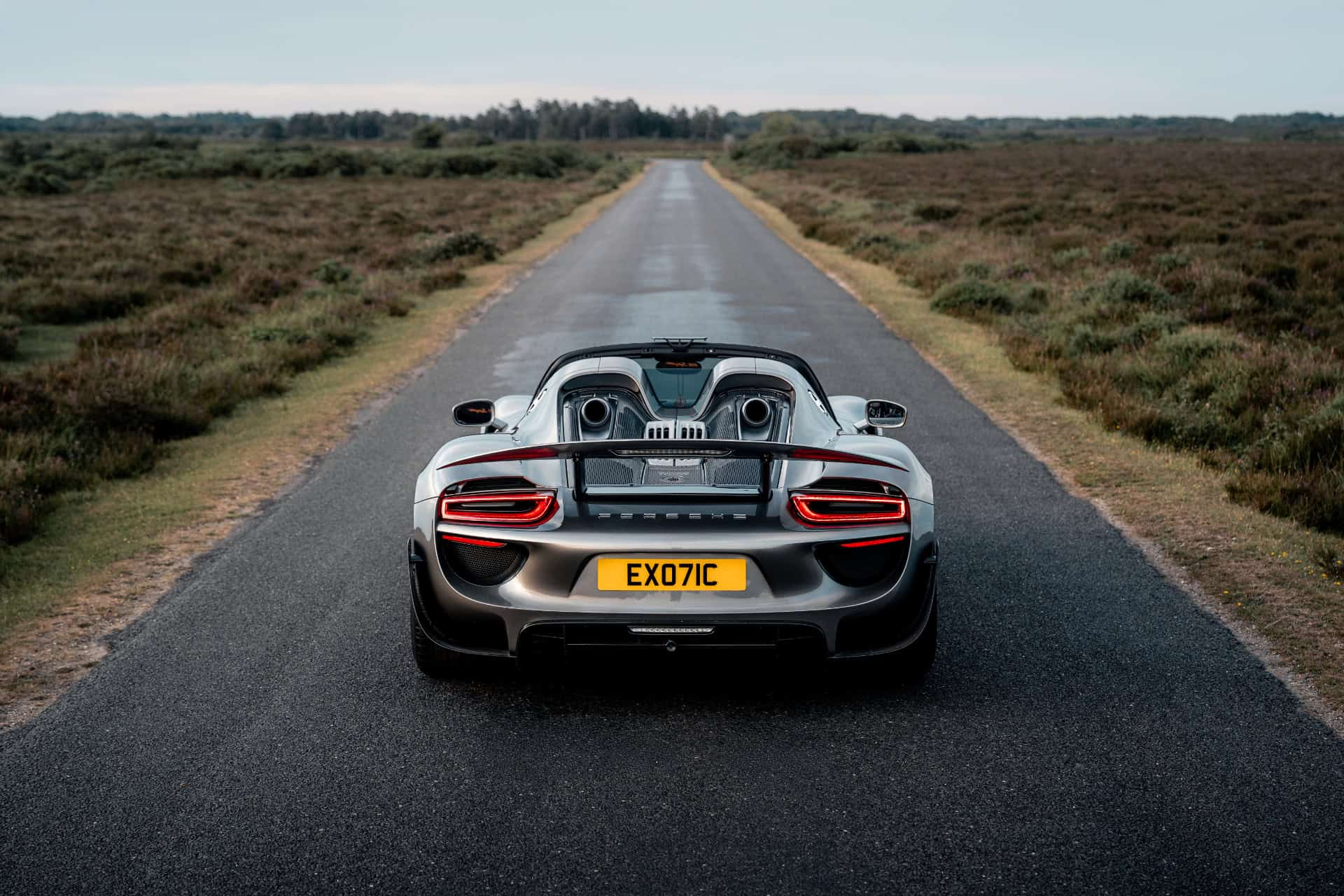 Porsche 918 Spyder on a heathland road, graded with an LM preset