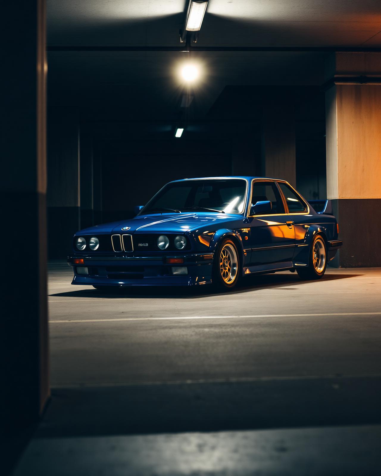 BMW M3 in a moody car park