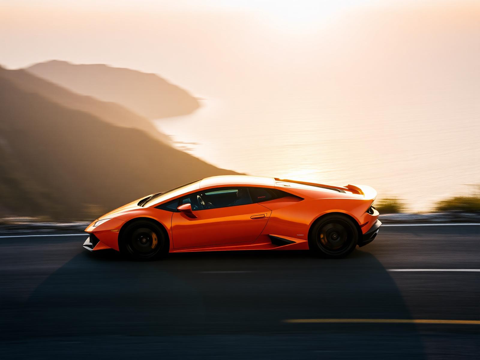 Orange Lamborghini at golden hour