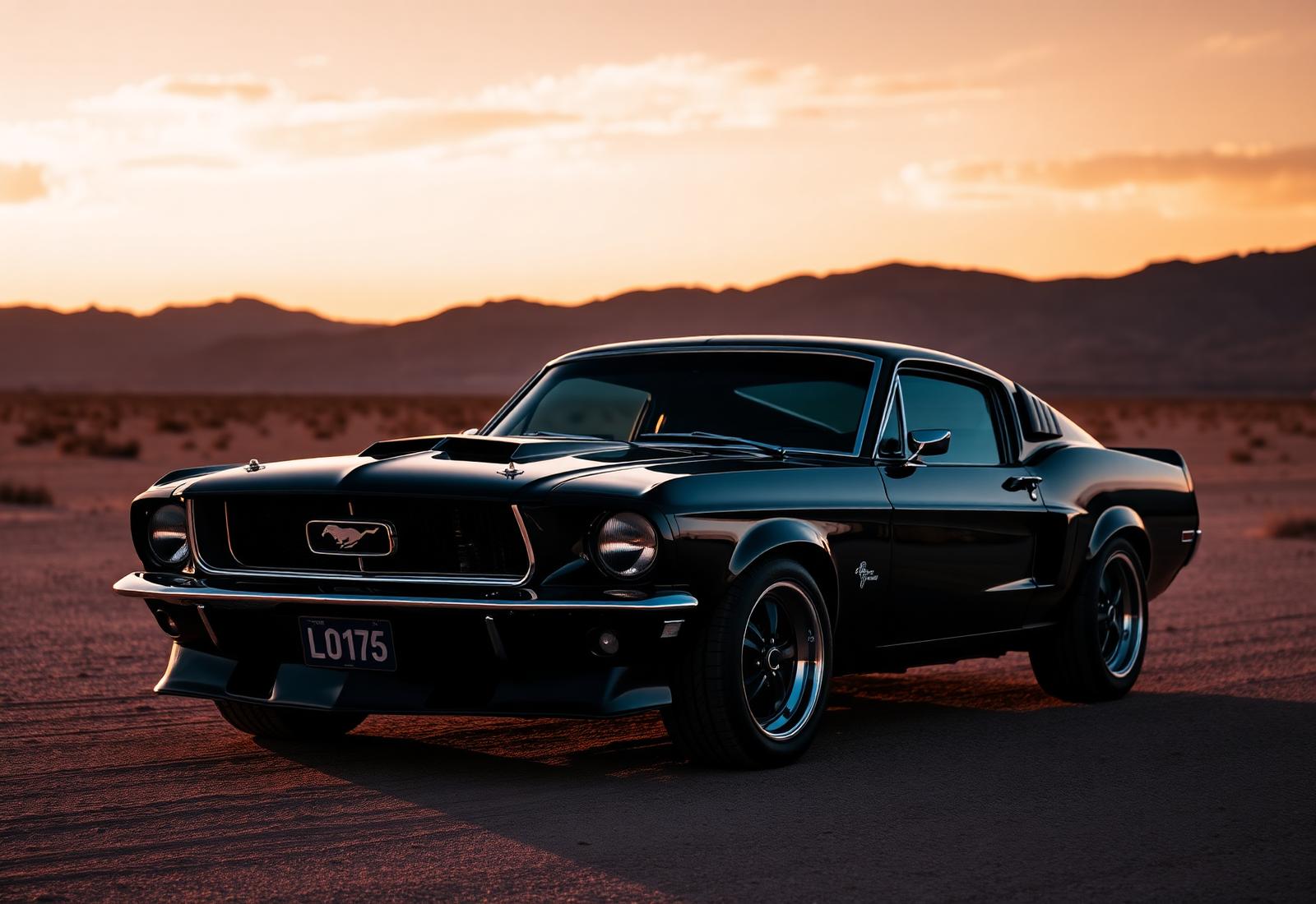 Black Mustang at desert sunset